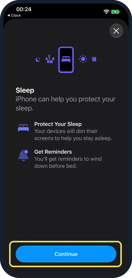 iPhone screen: Tap Continue