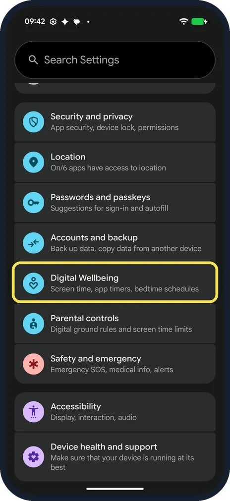 Android screenshot: Open Digital Wellbeing