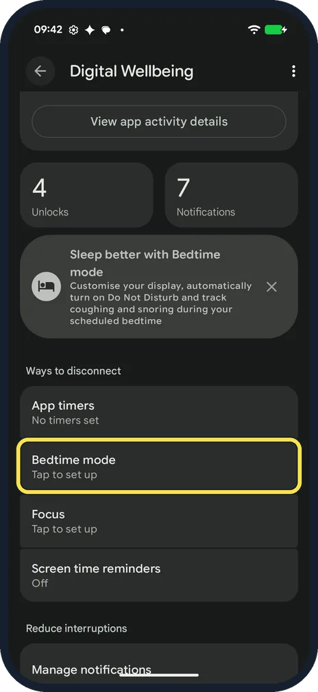 Android screenshot: Tap Bedtime mode