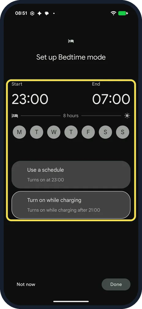 Android screenshot: Set the times, days and start