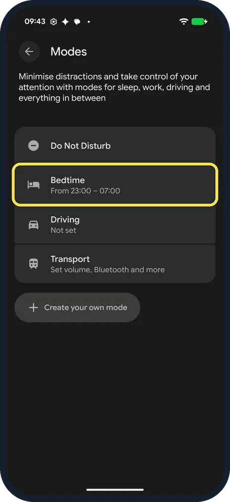 Android screenshot: Or start from Modes