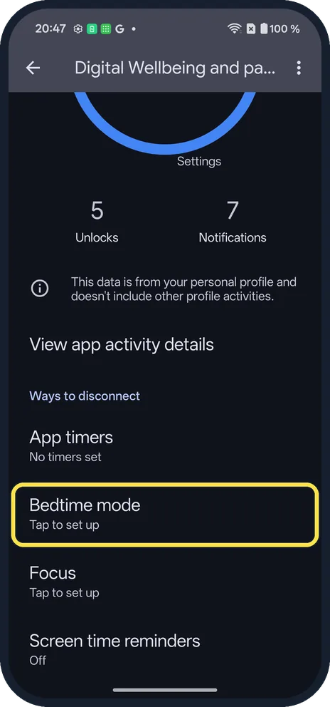 Android screenshot: Open Bedtime mode