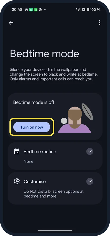 Android screenshot: Turn it on now, or later