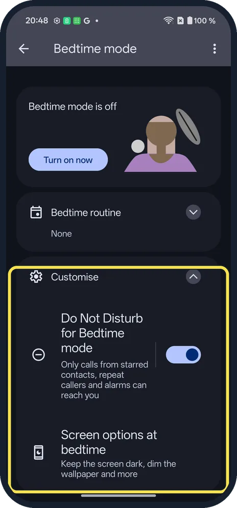 Android screenshot: Open Customise