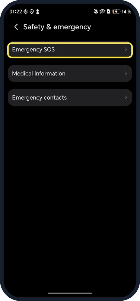 Android screenshot: Tap Emergency SOS