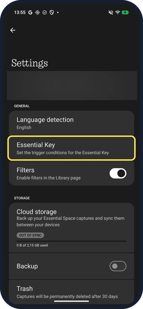 Android screenshot: In Settings, tap Essential Key