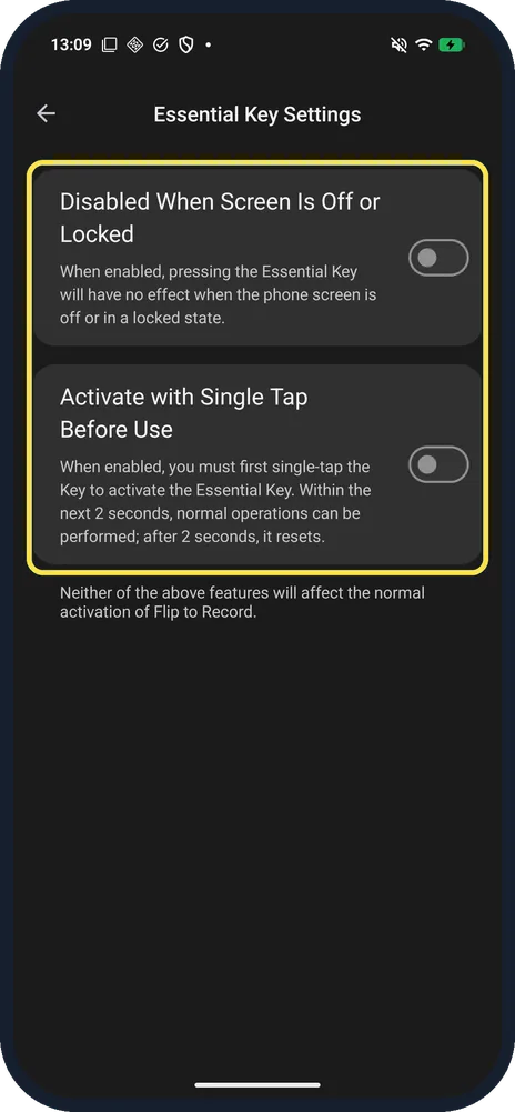Android screenshot: Choose the Essential Key options