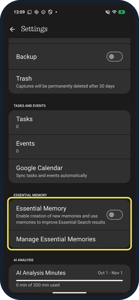 Android screenshot: Check Essential Memory