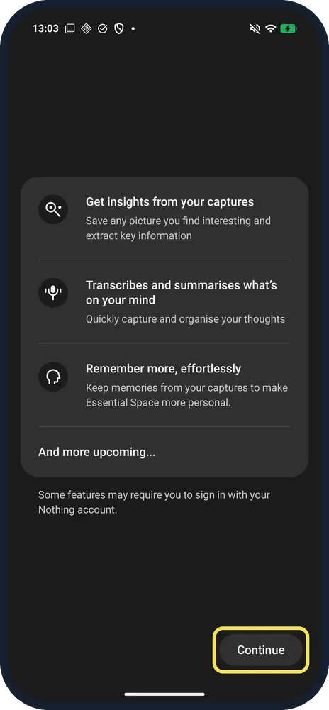 Android screenshot: Read the feature list and tap Continue