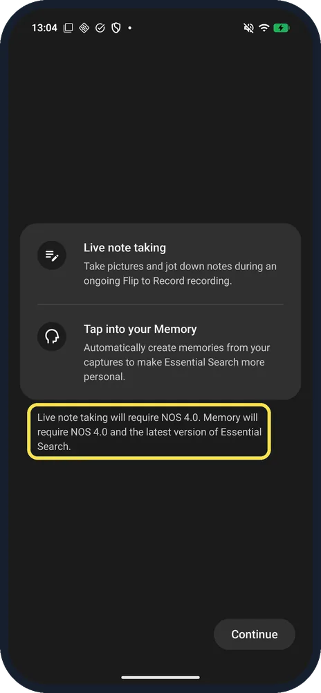Android screenshot: Read what is new and tap Continue