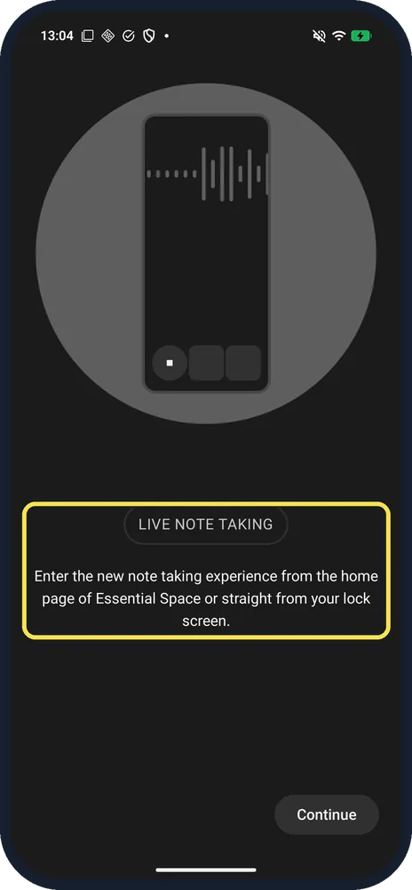 Android screenshot: Read about live note taking and tap Continue