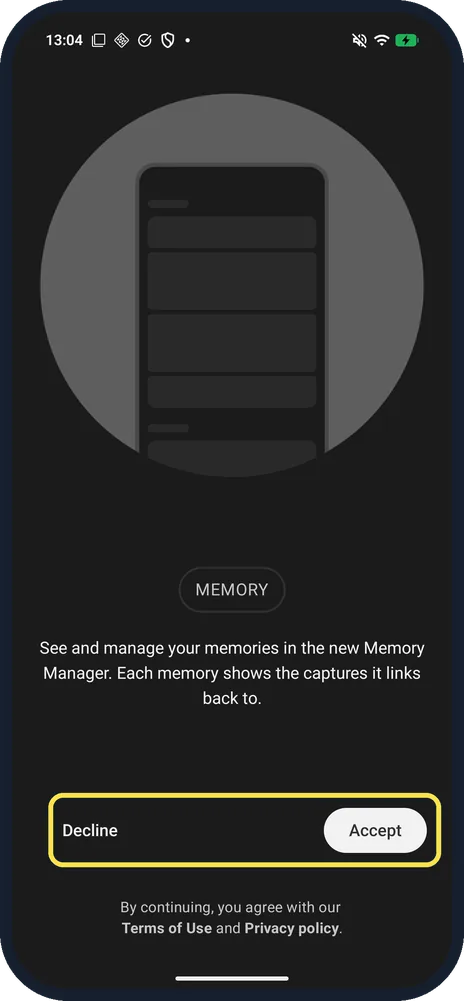 Android screenshot: Accept or Decline Memory