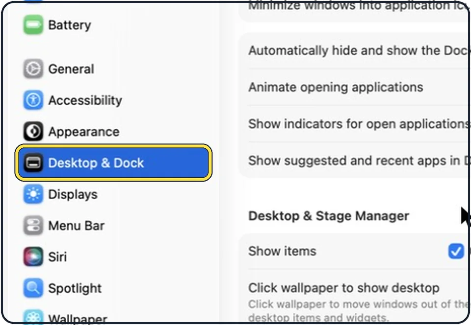 Part of the Mac System Settings window: Open System Settings and click Desktop & Dock
