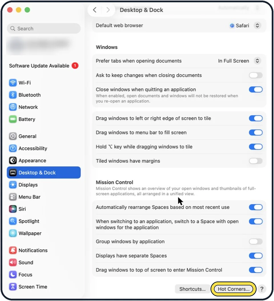 Mac screenshot: Scroll to the bottom and click Hot Corners