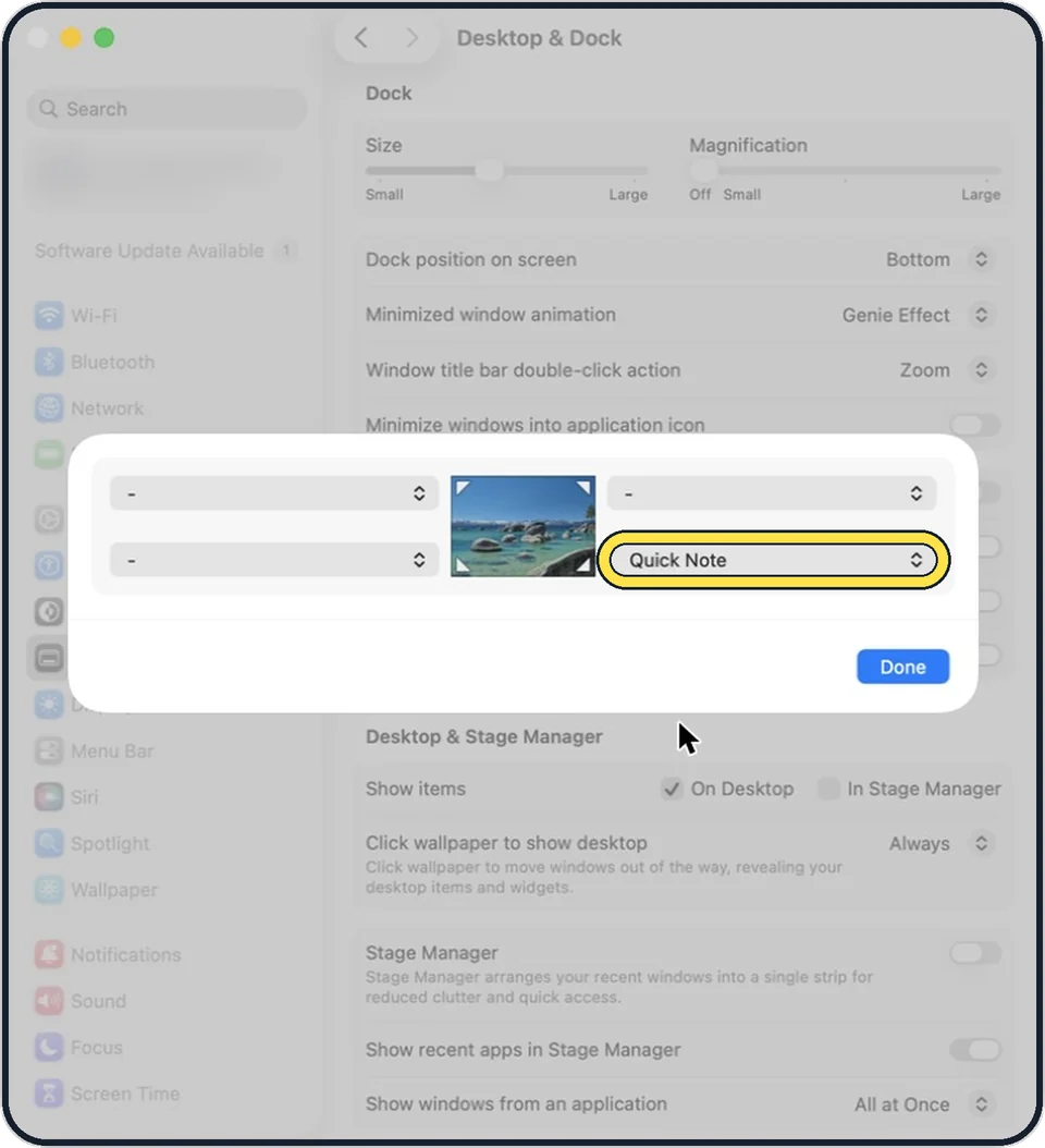 Mac screenshot: Choose an action for a corner