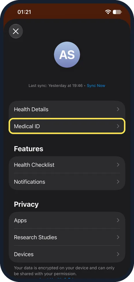 iPhone screen: Tap Medical ID