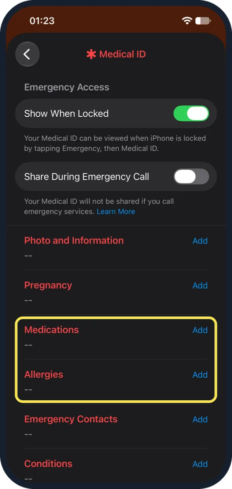 iPhone screen: Add your medical details