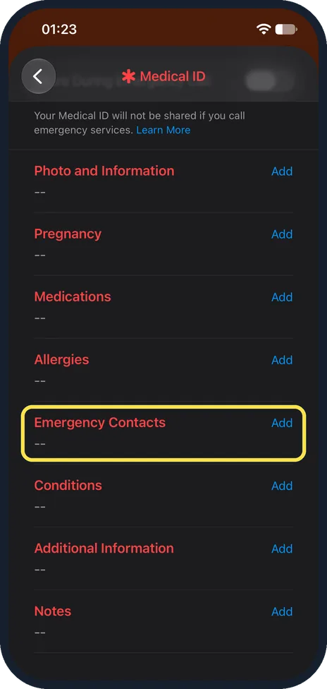 iPhone screen: Add emergency contacts