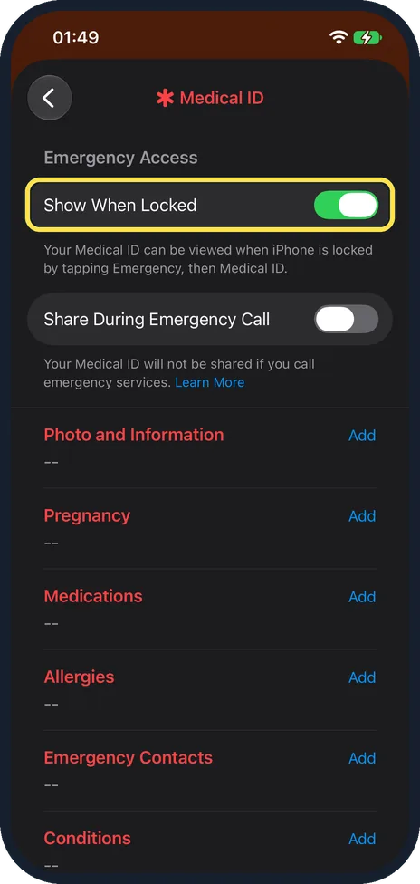 iPhone screen: Check that Show When Locked is on