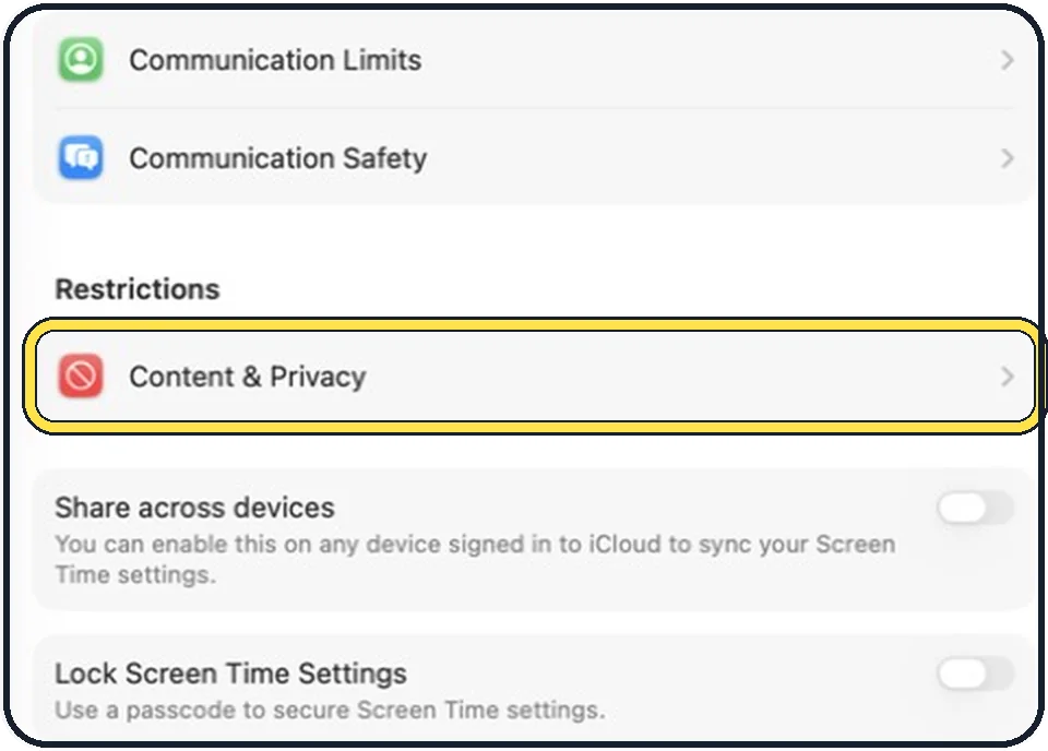 Part of the Mac System Settings window: Set Content & Privacy
