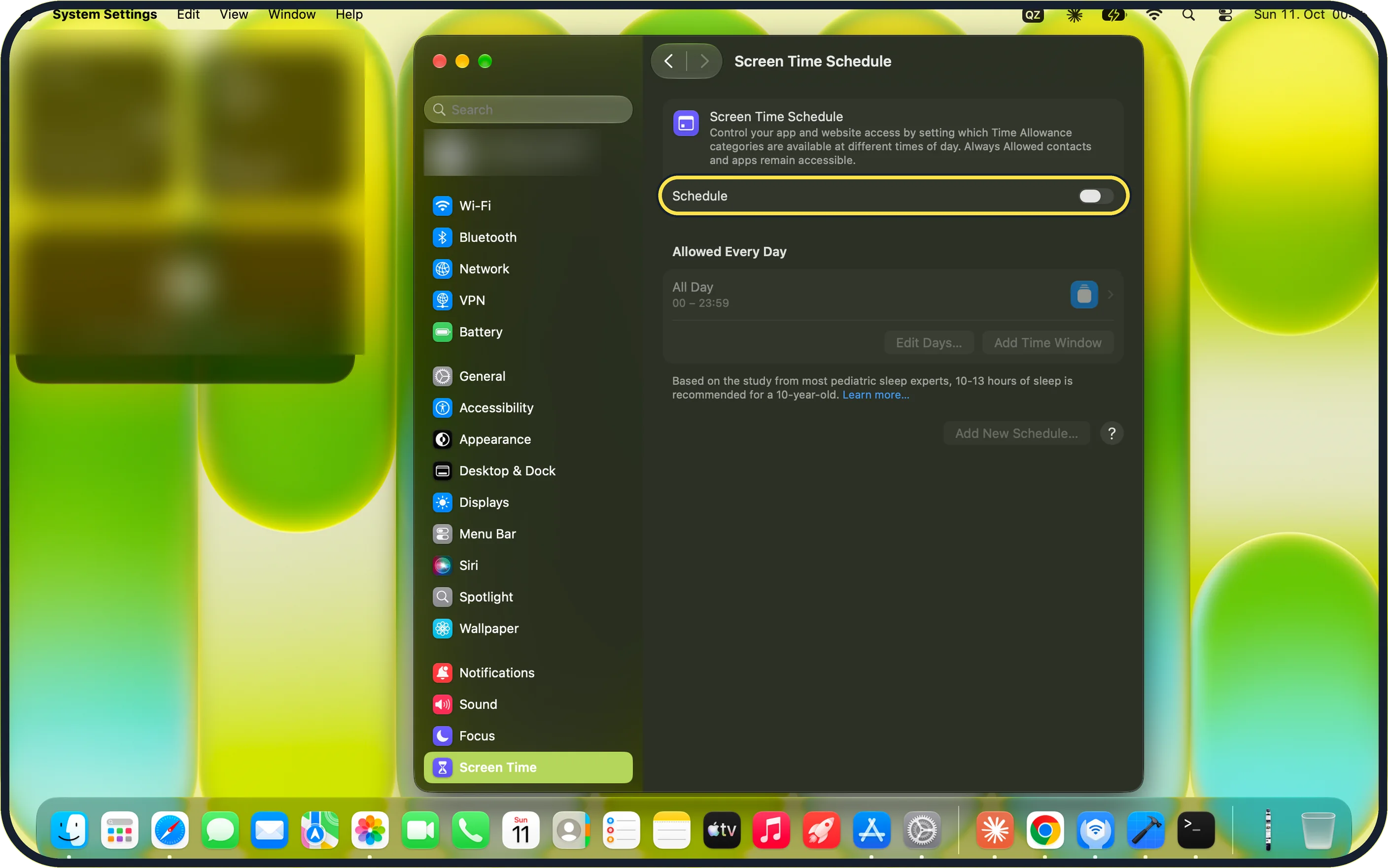Mac screenshot: Turn on Schedule