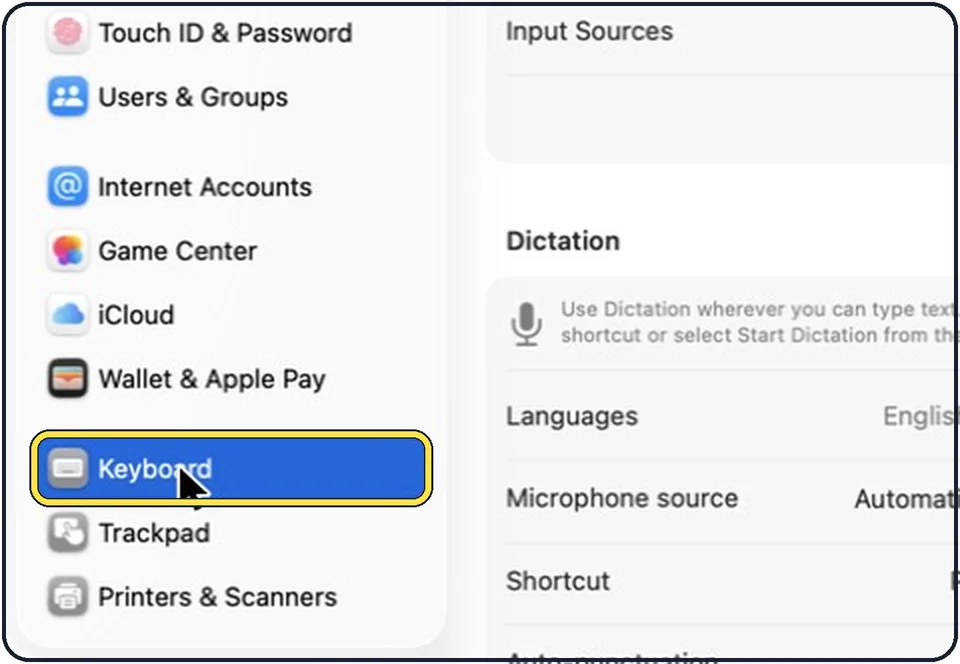 Part of the Mac System Settings window: Open System Settings and click Keyboard