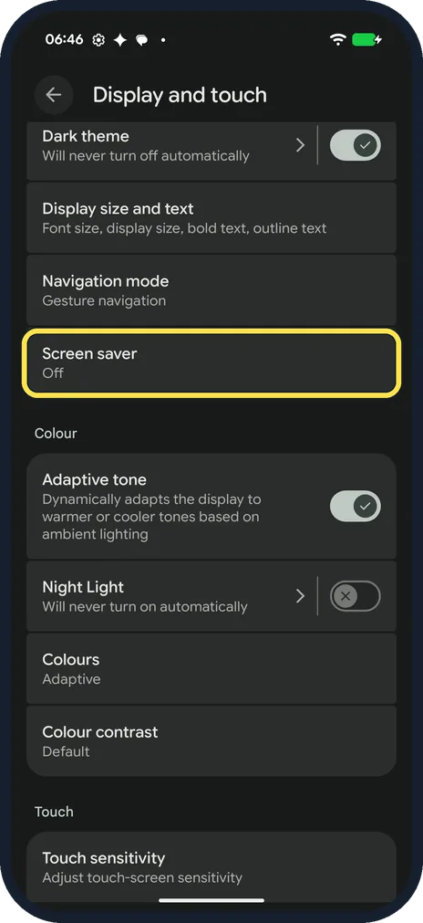 Screenshot from the guide: How to set up the screen saver on a Google Pixel (Android 17)
