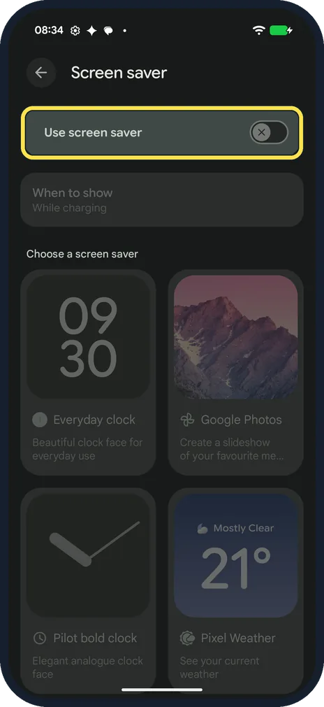 Android screenshot: Turn on Use screen saver