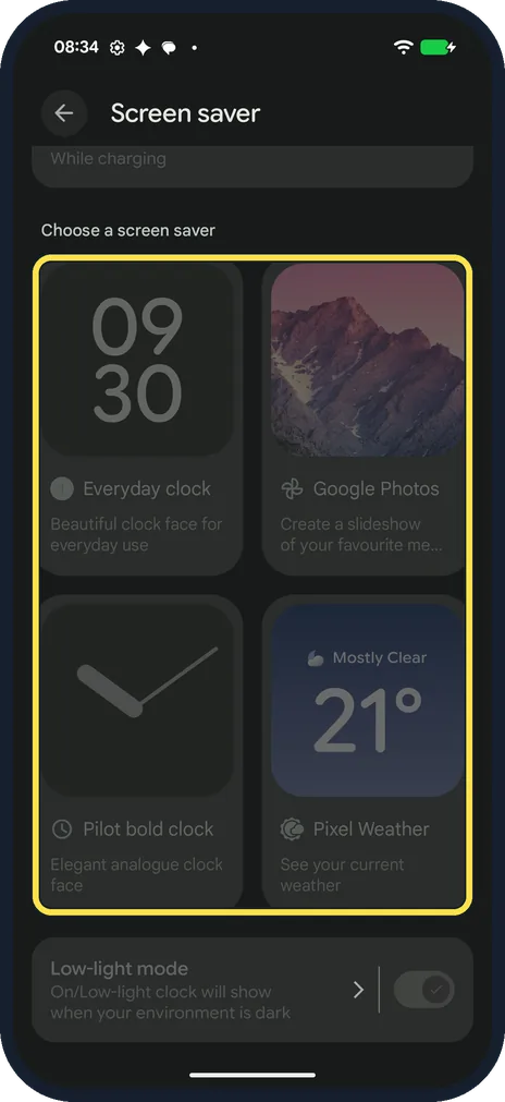 Android screenshot: Pick a screen saver