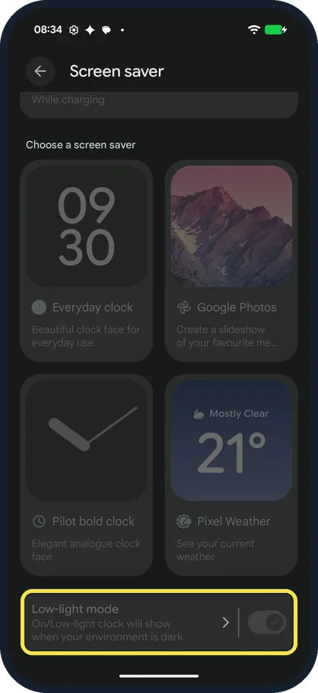 Android screenshot: Low-light mode