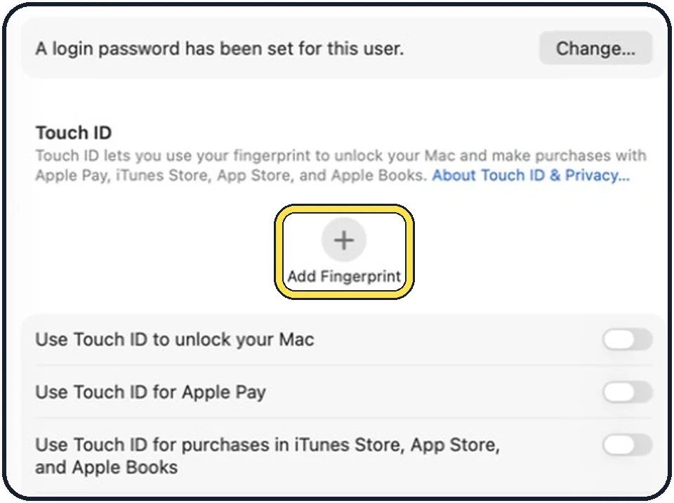 Part of the Mac System Settings window: Click Add Fingerprint