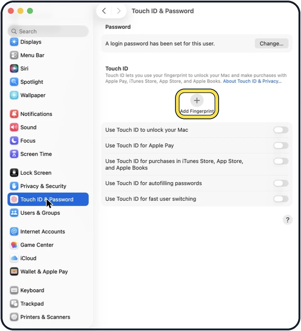 Mac screenshot: Click Add Fingerprint