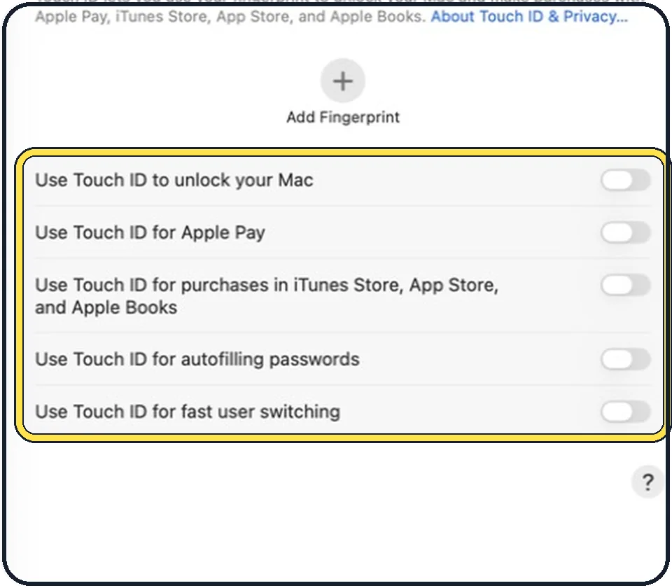 Part of the Mac System Settings window: Choose what Touch ID is used for