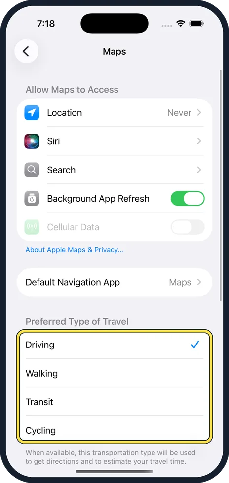 iPhone screen: Tap your type of travel