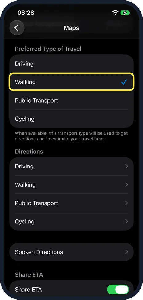 iPhone screen: Tap your type of travel