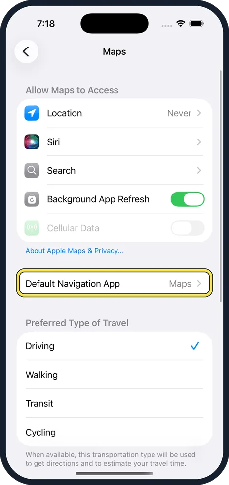 iPhone screen: Check the navigation app