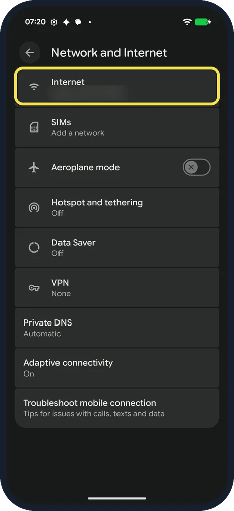 Android screenshot: Open Internet