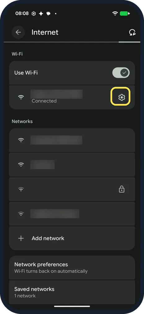 Android screenshot: Tap the gear
