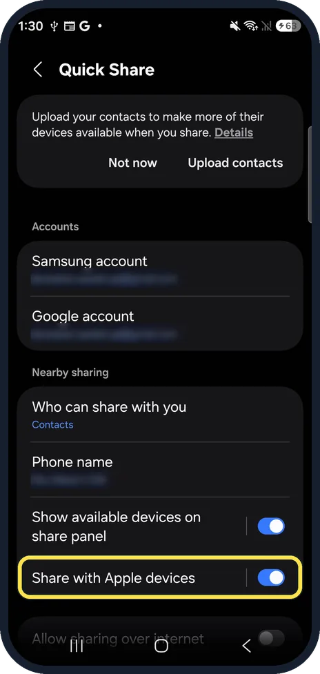 Android screenshot: Check that Share with Apple devices is on