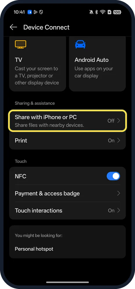 Android screenshot: Tap Share with iPhone or PC
