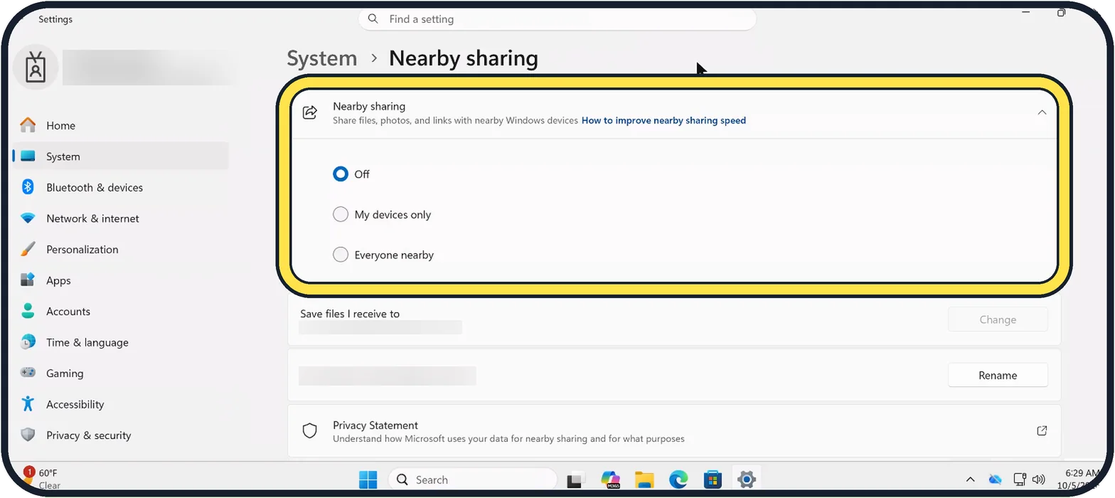 Screenshot from the guide: How to share files between Windows PCs with Nearby sharing