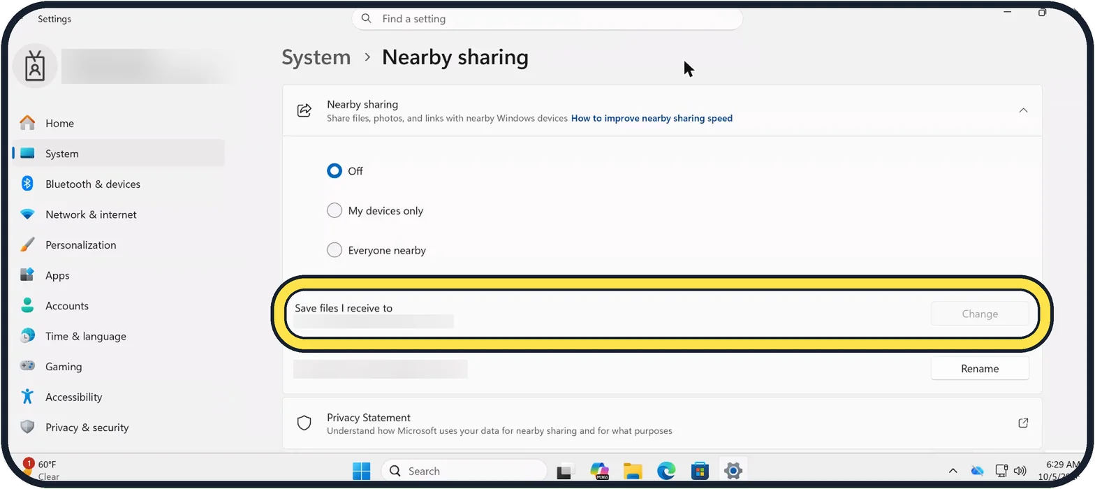 Windows screenshot: Choose where received files go