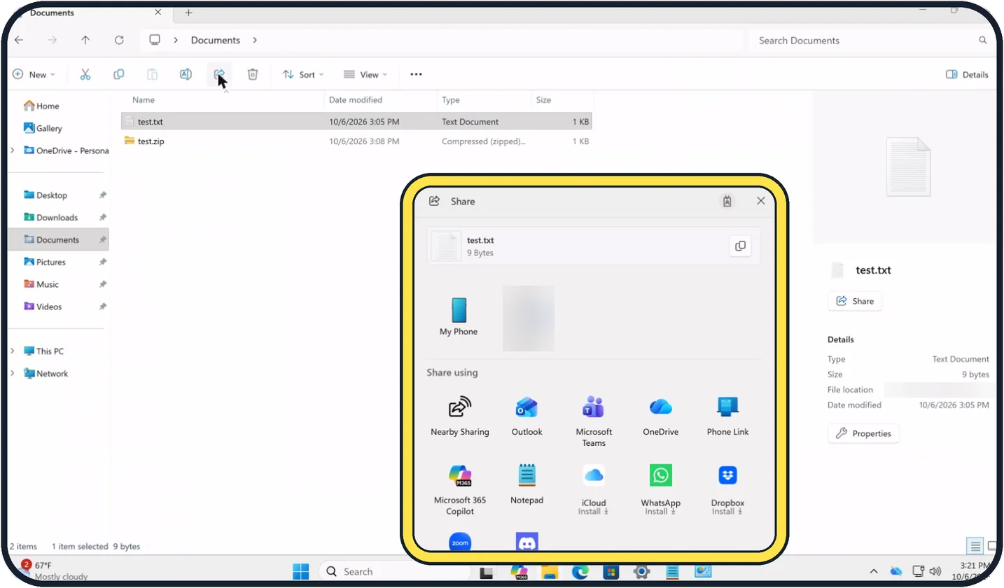 Windows screenshot: Share a file