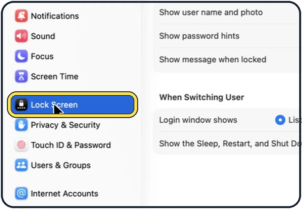 Mac screenshot: Click Lock Screen in the sidebar