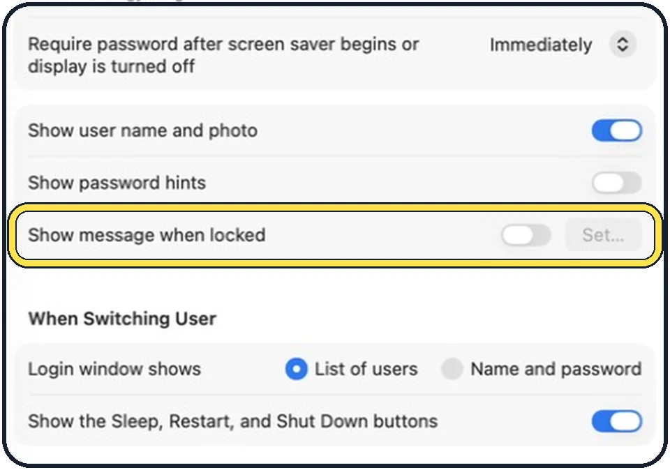 Mac screenshot: Switch on Show message when locked