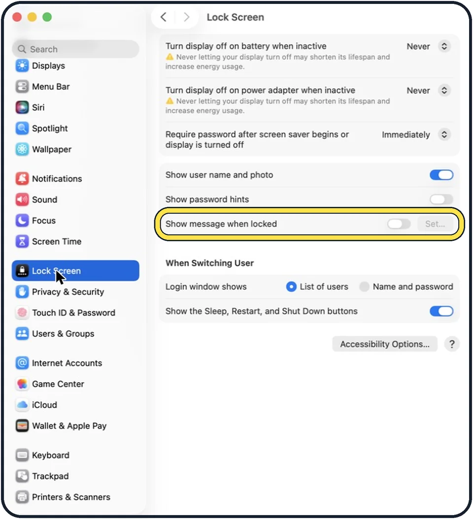Mac screenshot: Switch on Show message when locked