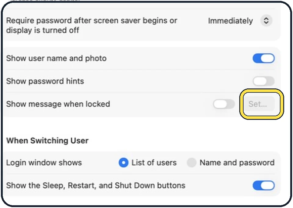 Mac screenshot: Click Set and type the message