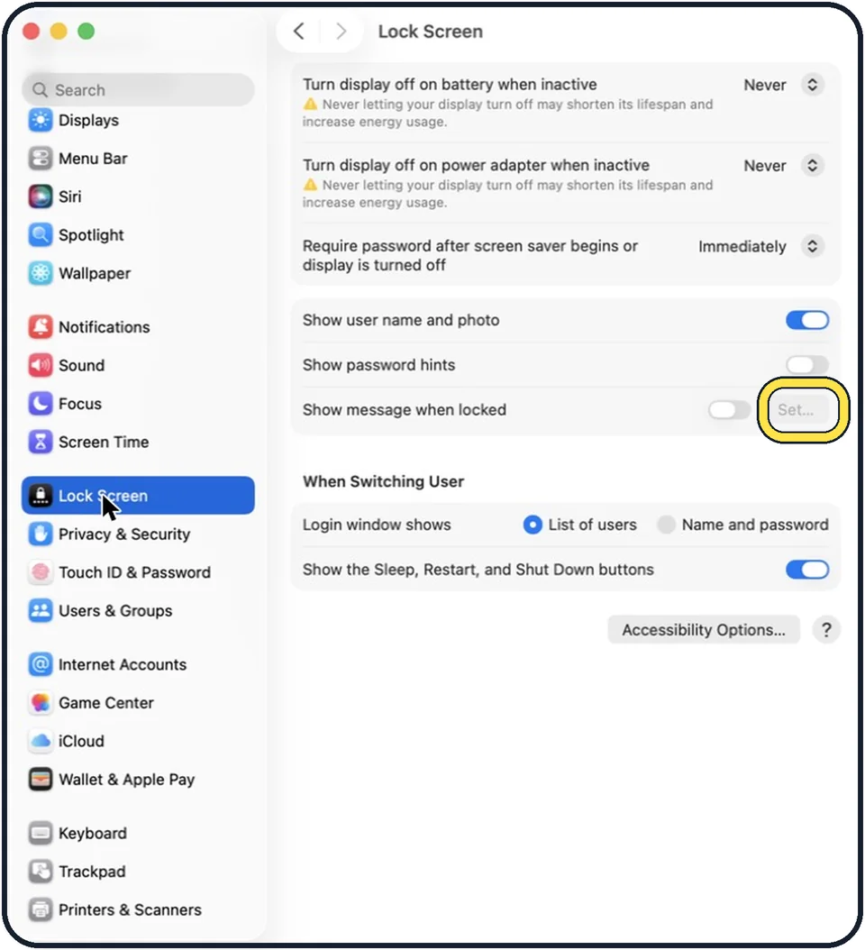 Mac screenshot: Click Set and type the message
