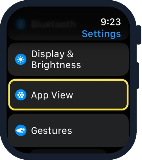 Apple Watch screen: Or open Settings and tap App View
