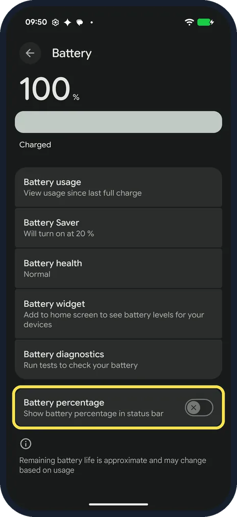 Android screenshot: Find Battery percentage
